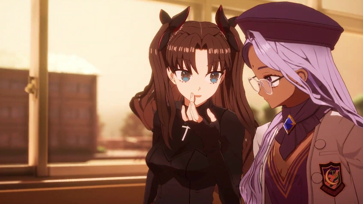 Rin Toosaka shares a secret with Rani VIII in a scene from the Fate/EXTRA Record 2022 trailer.