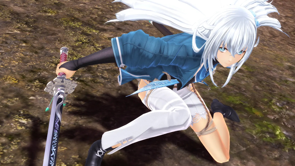 Shizuna Rem Misurugi crouching while holding her long sword from a scene from The Legend of Heroes: Kuro no Kiseki II - Crimson SiN.