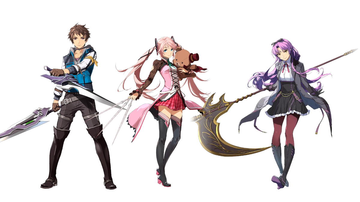 Character art of Swin Abel, Nadia Rayne, and Renne Bright striking a pose as they wield their weapons.