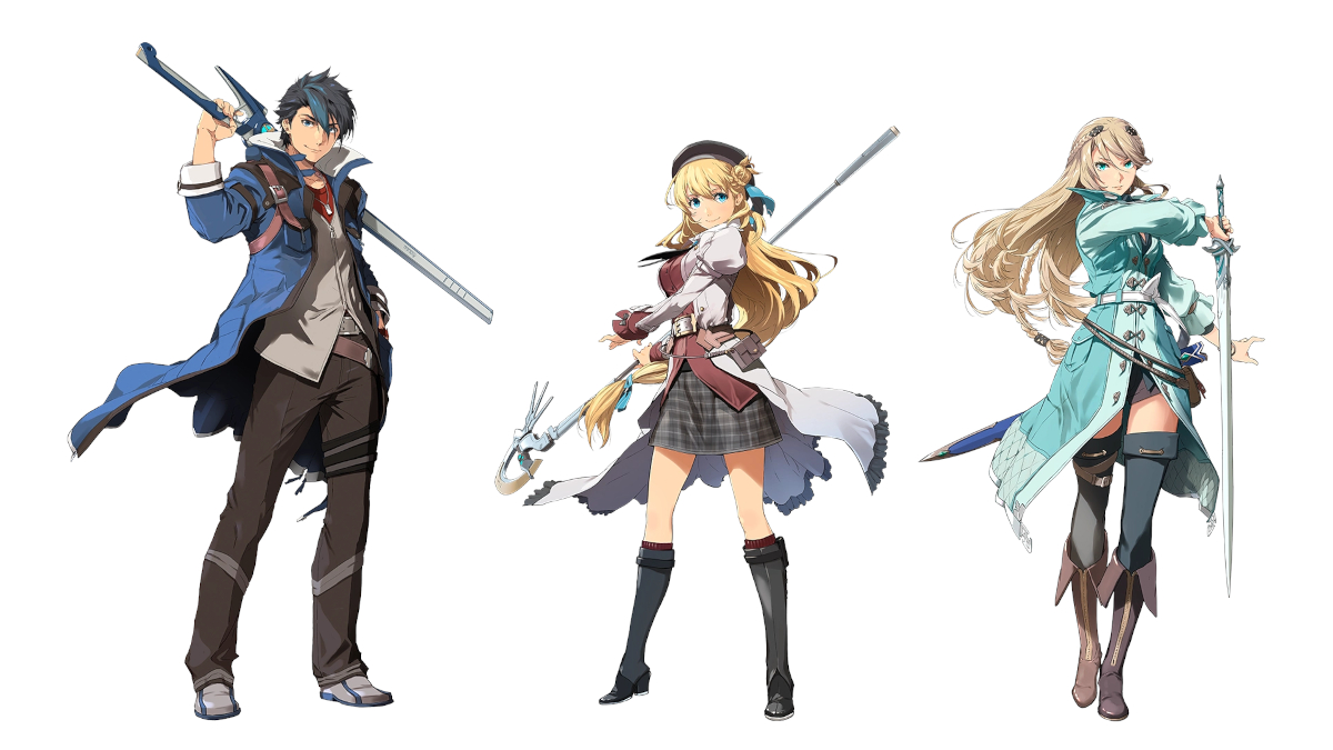 Character art of Van Arkride, Agnes Claudel, and Elaine Auclair wielding their weapons.