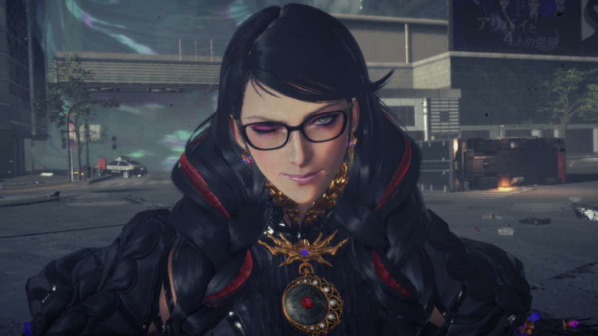 Bayonetta winks and stands in front of a metropolitan area in Bayonetta 3.