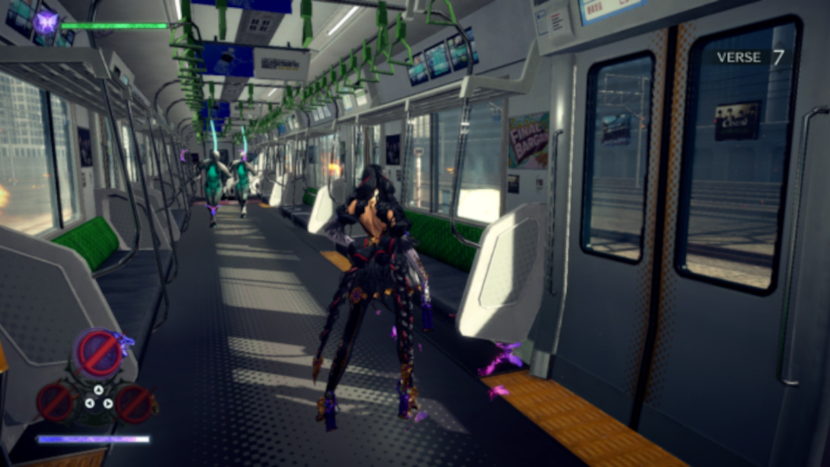 Bayonetta, standing inside a train and facing oncoming enemies in Bayonetta 3.