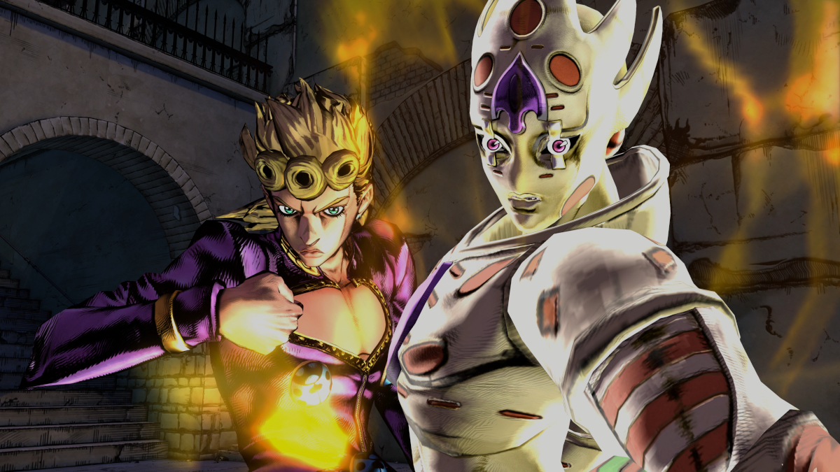 Giorno Giovanna and Gold Experience Requiem appear in an in-game scene from JoJo's Bizarre Adventure: All-Star Battle R.