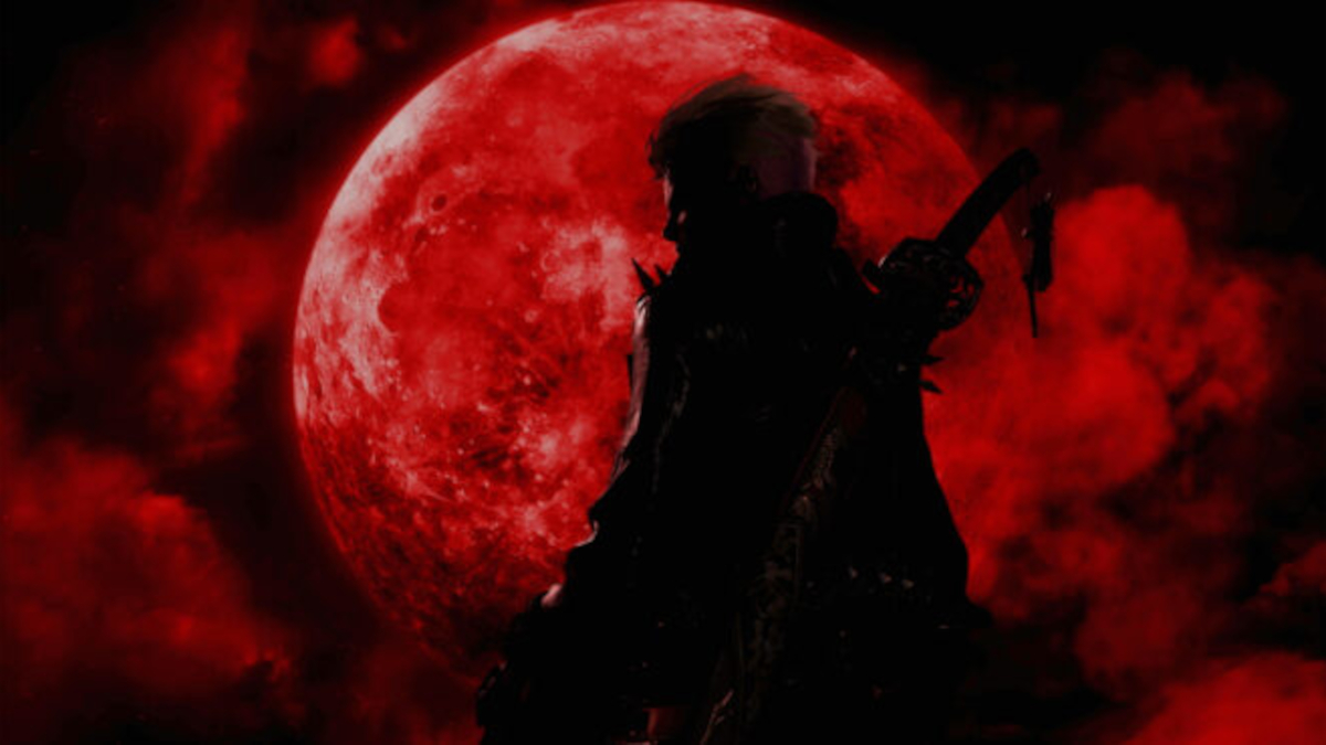 Viola from Bayonetta 3 appears in front of a blood moon.