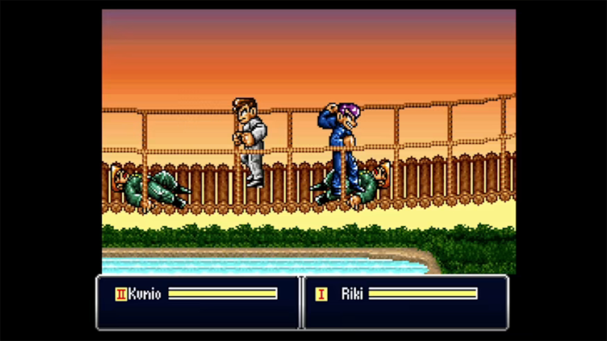 Kunio and Riki from River City Girls Zero fight bad guys on a bridge.