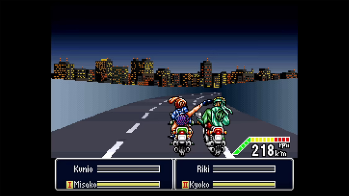 Kyoko kicks an enemy during the motorbike battle sequence in River City Girls Zero.