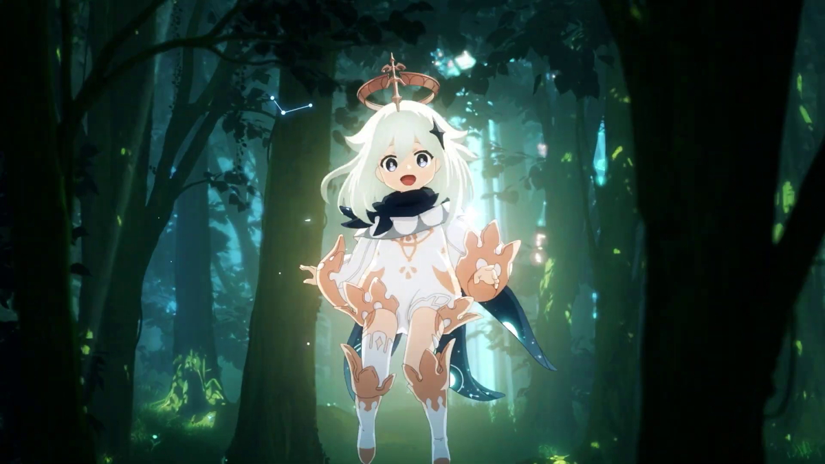 Paimon is flying through a forest area in the Genshin Impact concept trailer.