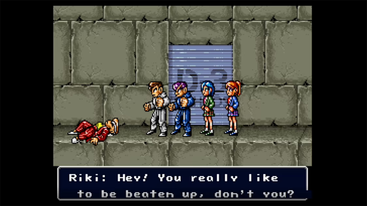 Kunio, Riki, Misako, Kyoko, and a downed enemy appear in a story scene.