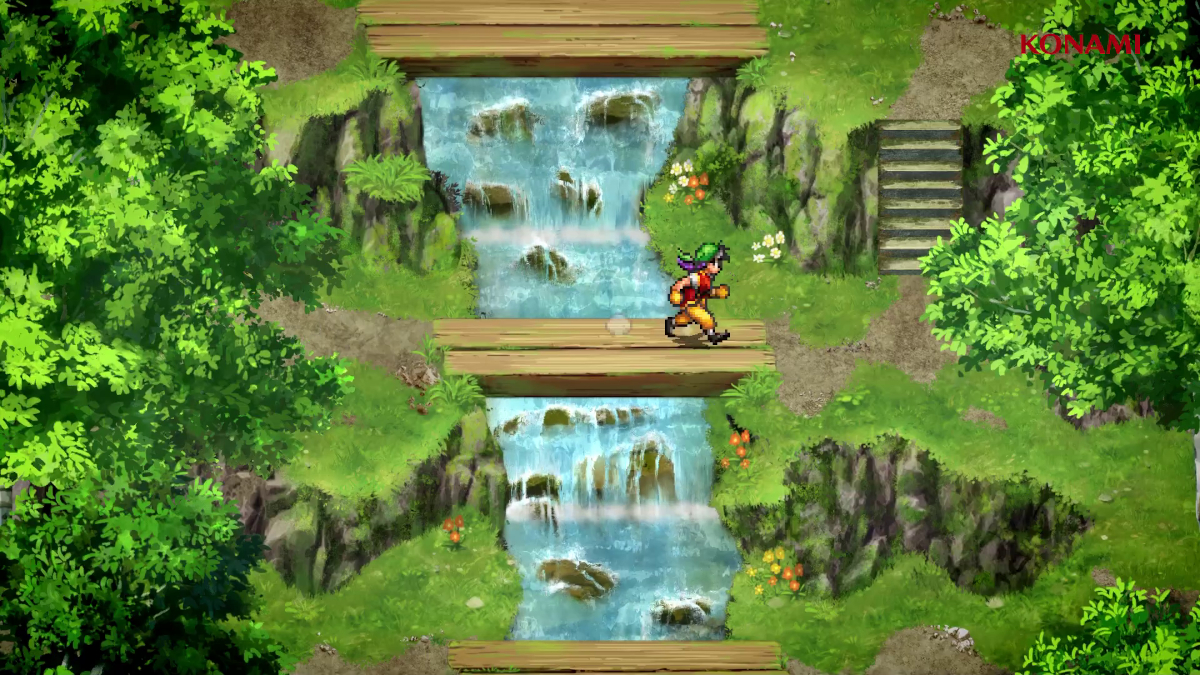 Tir McDohl running over a wooden bridge in Suikoden.