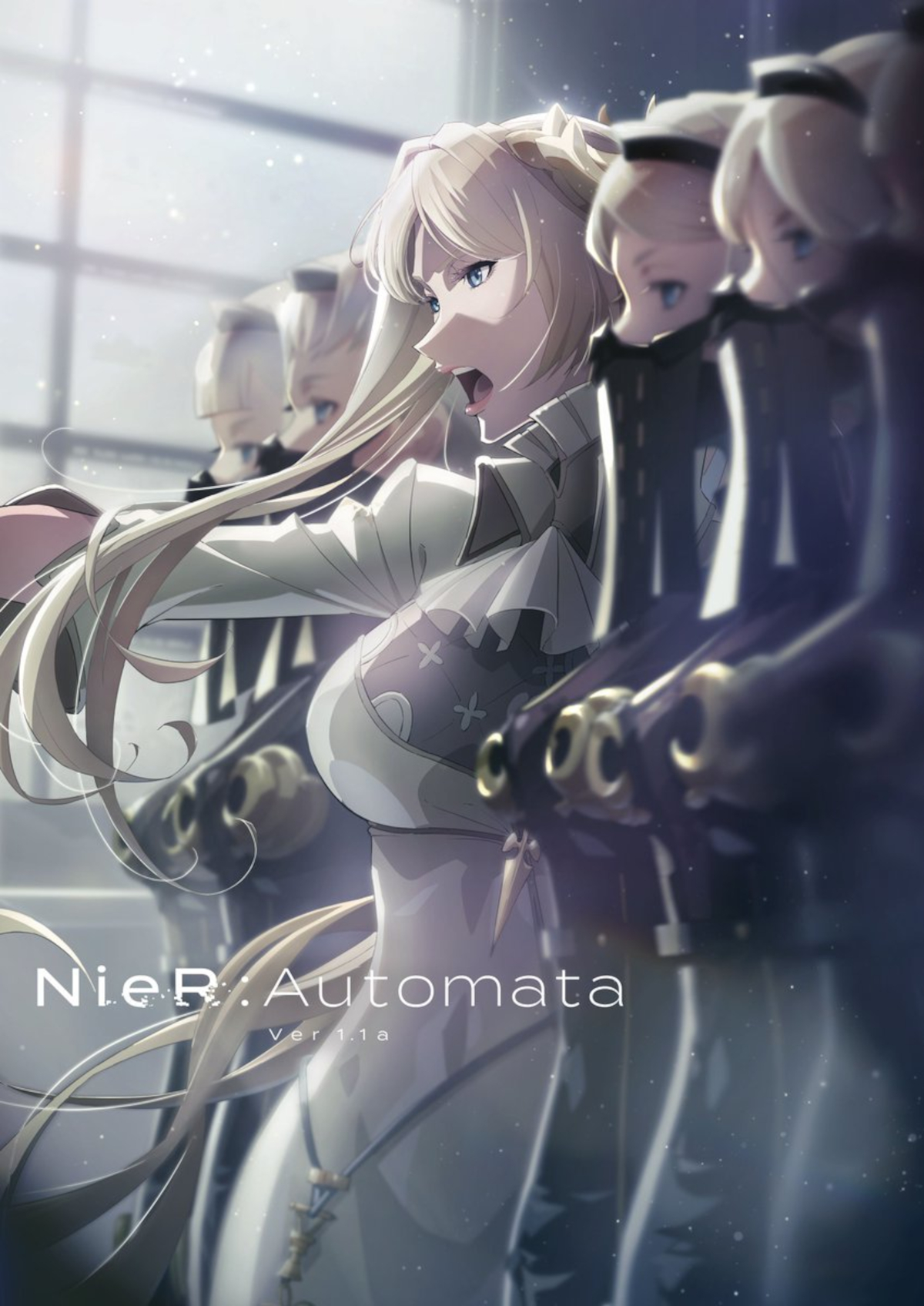 Commander White and her operators as they appear in the NieR:Automata Ver1.1a key visual.