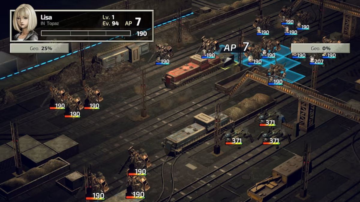 A detailed overhead view of allied and enemy units as they appear in the FRONT MISSION 2: Remake game.