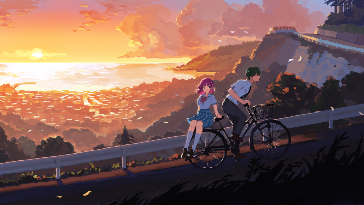 Bicycle and sunset illustration from Loop8: Summer of Gods.