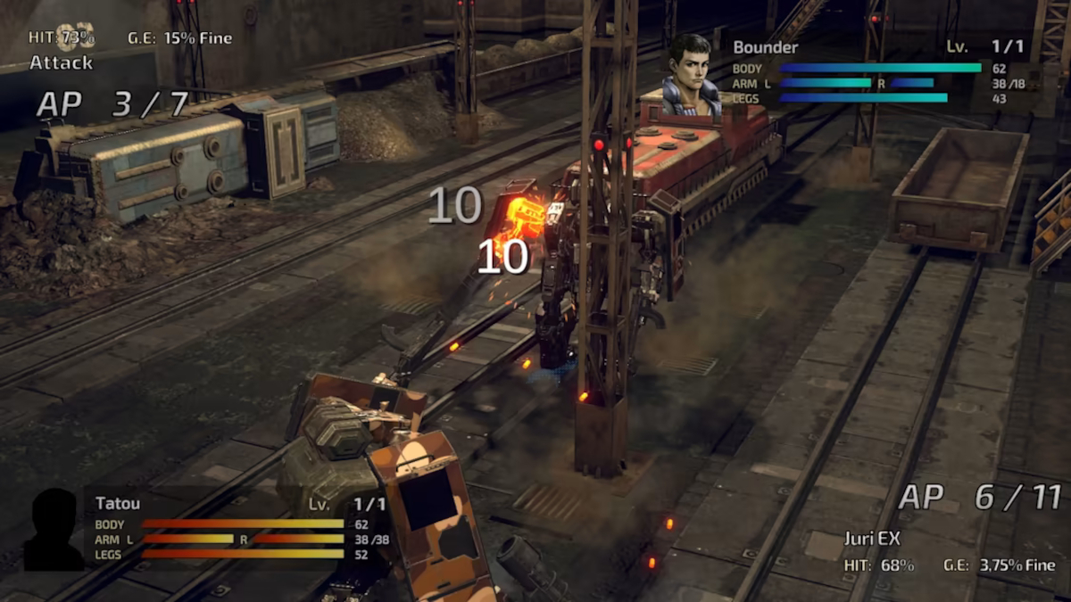 Two wanzers engaged in battle by the railway tracks in FRONT MISSION 2: Remake.