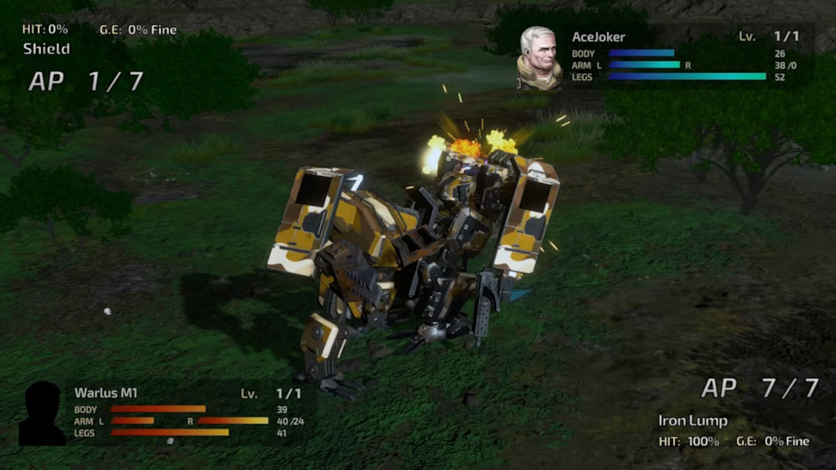 The Warlus M1 and AceJoker wanzers engaged in battle.