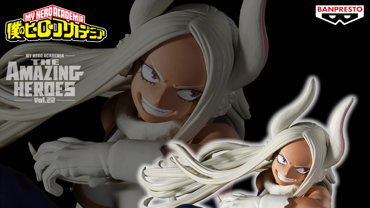 Figura de My Hero Academia Mirko de BANPRESTO retrata cena de luta épica de MHA