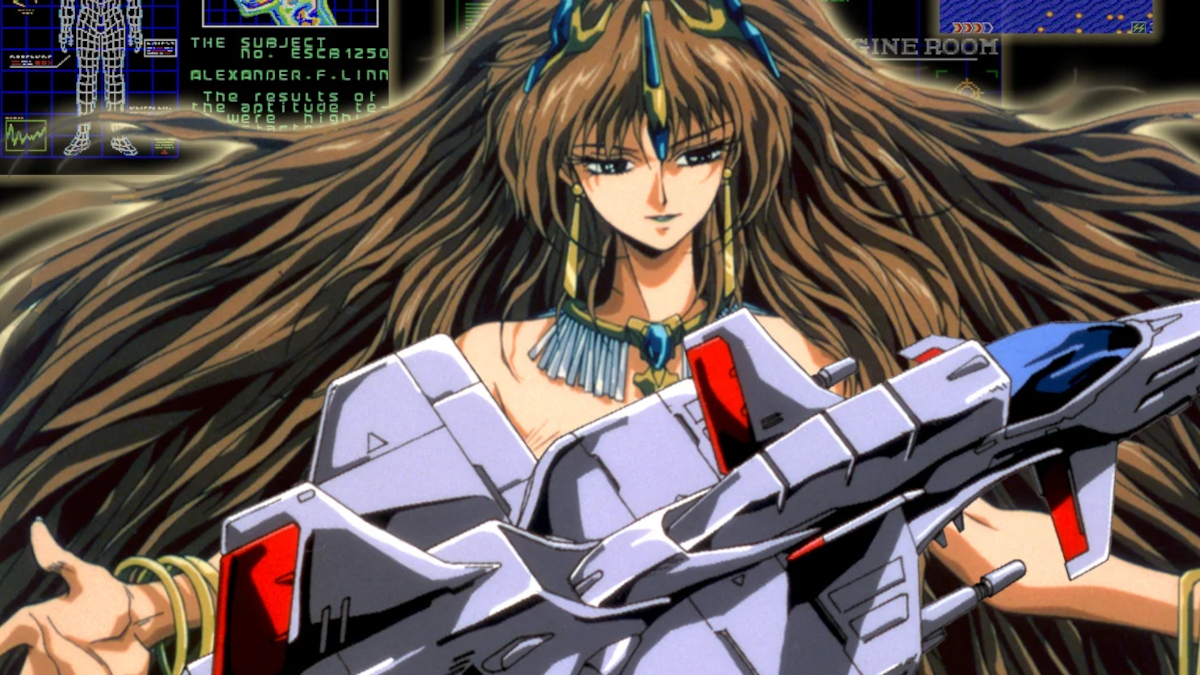 Alexis, the Queen of Leezaluth, and the starfighter as they appear in the Japanese cover art of Gaiares.