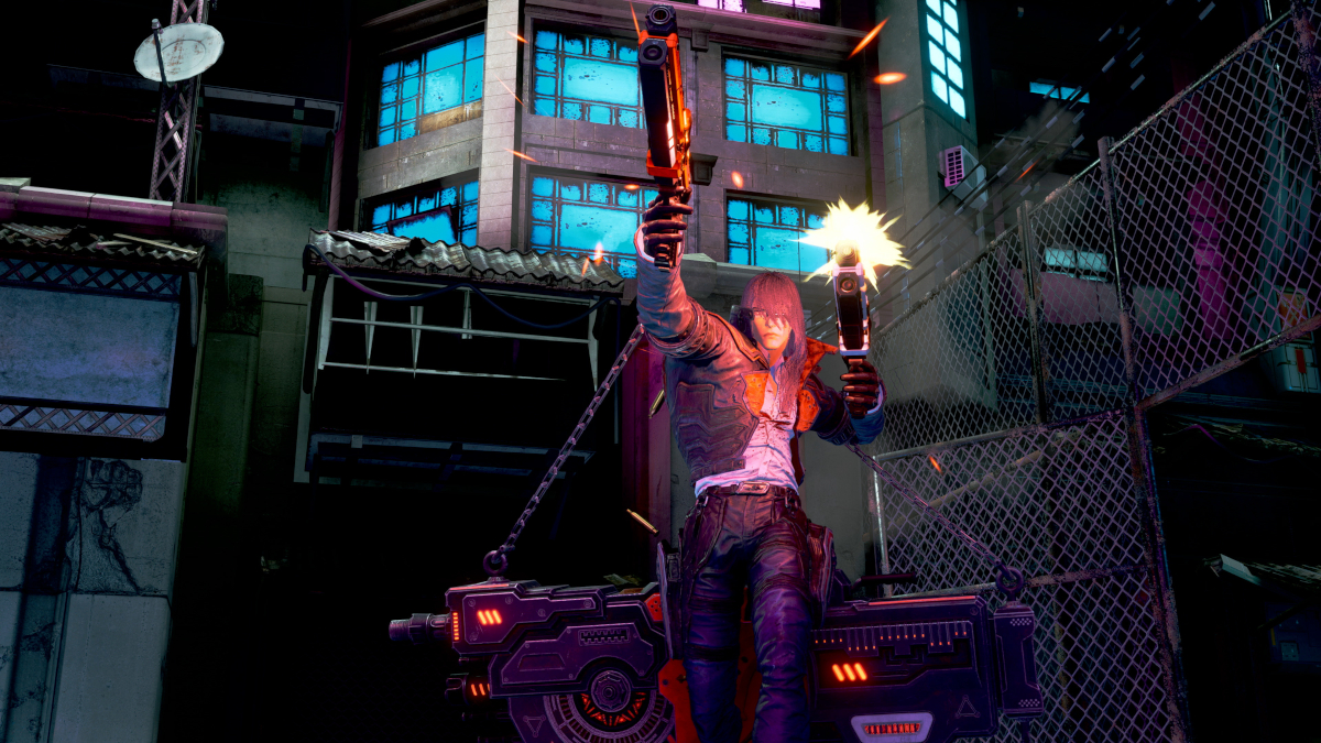 A scene from Gungrave G.O.R.E showing Grave firing his Cerberus pistols.