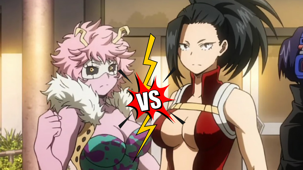 Momo and Mina from My Hero Academia beside one another with a vs symbol between them